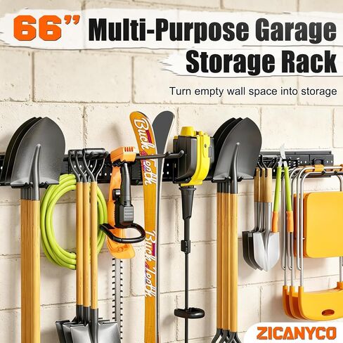 Garage Tool Organizer Wall Mount 66 inches with 13 Adjustable Heavy-Duty Hooks, Garage Organization, Garden Tool Storage Rack for Garage, Yard, and Shed, Holds Up to 520 lbs in Kuwait