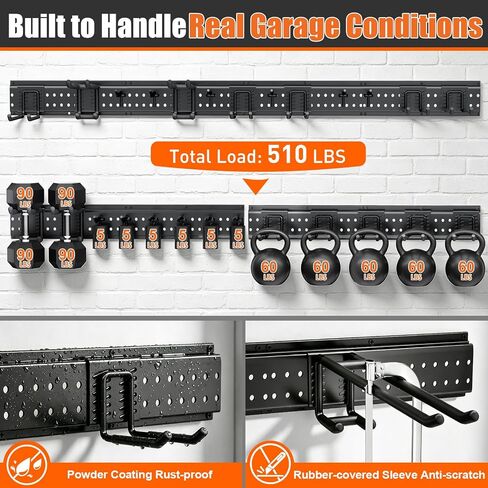 Garage Tool Organizer Wall Mount 66 inches with 13 Adjustable Heavy-Duty Hooks, Garage Organization, Garden Tool Storage Rack for Garage, Yard, and Shed, Holds Up to 520 lbs in Kuwait