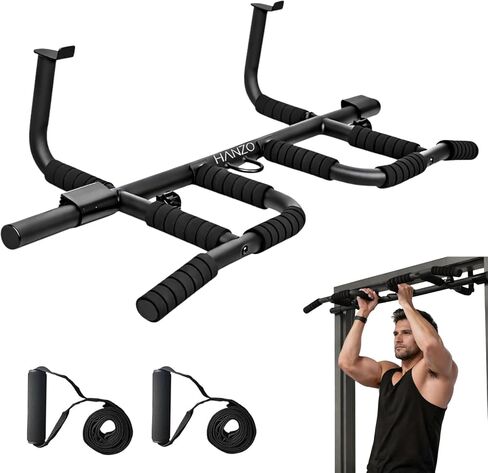 HANZO Doorway Pull Up Bar Set with Suspension Straps – Multi-Grip Chin Up Bar for Home Gym – No Screws, Strength Training Workout Bar, Door Gym Pullup Bar in Kuwait
