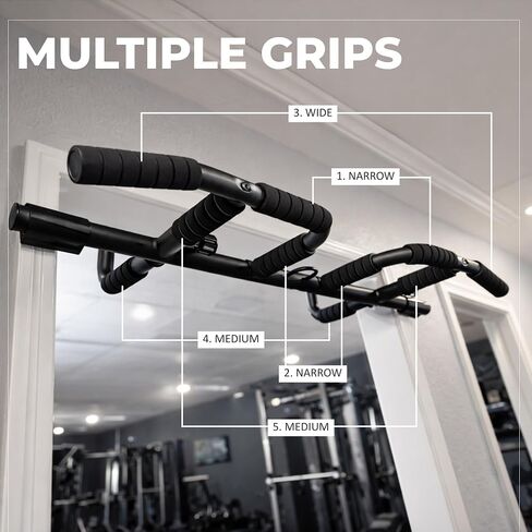 HANZO Doorway Pull Up Bar Set with Suspension Straps – Multi-Grip Chin Up Bar for Home Gym – No Screws, Strength Training Workout Bar, Door Gym Pullup Bar in Kuwait