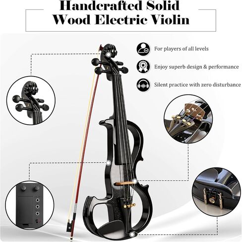 4-String Solid Wood Electric Violin Full Size 4/4 with Pickup & Headphone Output - Complete Beginner to Pro Electric Violin Kit with Case, Bow, Shoulder Rest (Black) in Kuwait