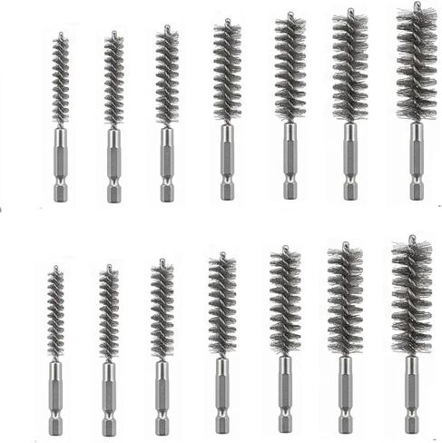14 PCS Stainless Steel Bore Brush for Drill with 1/4" | Hex Shank Stainless Steel Wire Tube Brush 8/10/12/15/17/19/22mm Wire Brush for Power Drill for Cleaning Tubes, Rust, Bearings in Kuwait