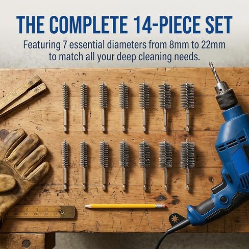 14 PCS Stainless Steel Bore Brush for Drill with 1/4" | Hex Shank Stainless Steel Wire Tube Brush 8/10/12/15/17/19/22mm Wire Brush for Power Drill for Cleaning Tubes, Rust, Bearings in Kuwait