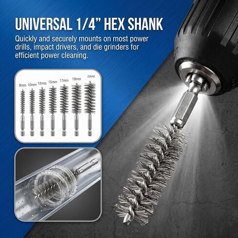 14 PCS Stainless Steel Bore Brush for Drill with 1/4" | Hex Shank Stainless Steel Wire Tube Brush 8/10/12/15/17/19/22mm Wire Brush for Power Drill for Cleaning Tubes, Rust, Bearings in Kuwait