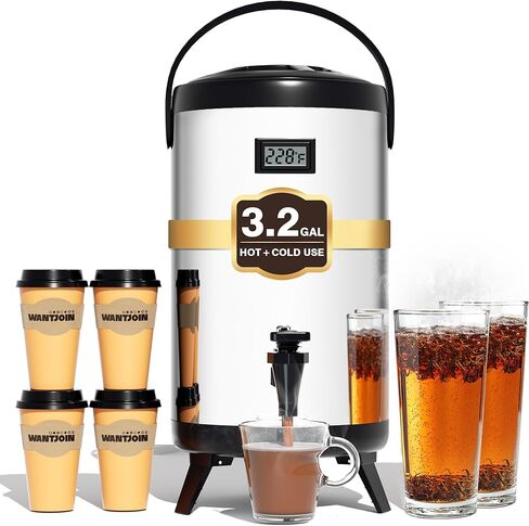 WantJoin Electric Heating Beverage Dispenser-75 Cup Hot&Cold water Urn for Catering-Stainless Steel Premium 12 L/3.2 Gallon Hot Drink Dispenser with Spigot for Coffee & Hot tea,Cold Milk,Juice(Silver) in Kuwait
