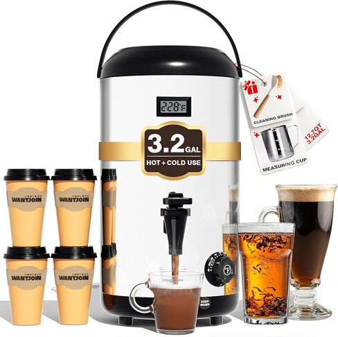 WantJoin Electric Heating Beverage Dispenser-75 Cup Hot&Cold water Urn for Catering-Stainless Steel Premium 12 L/3.2 Gallon Hot Drink Dispenser with Spigot for Coffee & Hot tea,Cold Milk,Juice(Silver) in Kuwait