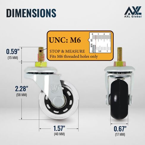 عجلات عجلات جذعية ملولبة AXL M6-1.0، 40 مم (1.5 بوصة) عجلات دوارة من البولي يوريثان بنمط تزلج مضمن، عجلات جذعية ملولبة M6 لعربة التدحرج والرف والأثاث والعربة (مجموعة من 4، بدون ضوضاء) in Kuwait