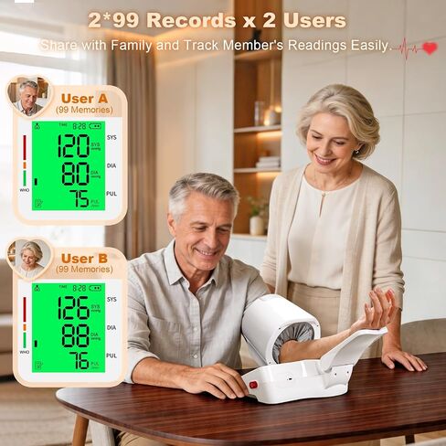جهاز قياس ضغط الدم من النوع الأسطواني 52 هرتز، جهاز قياس ضغط الدم في الذراع العلوي بلمسة واحدة للاستخدام المنزلي، جهاز ضغط الدم ذو نطاق واسع 7.1 بوصة - 16.5 بوصة، إضاءة خلفية 3 ألوان، مستخدمان 2 × 99 ذاكرة in Kuwait