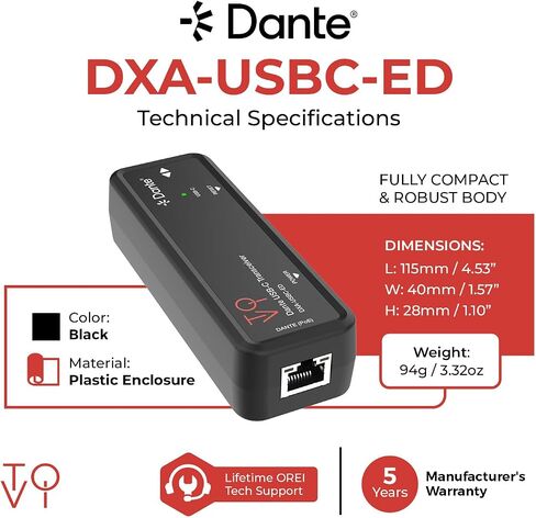جهاز إرسال واستقبال الصوت ToVi Dante USB-C - 2CH USB-C إلى المحول، 96 كيلو هرتز/24 بت، PoE (DXA-USBC-ED) in Kuwait
