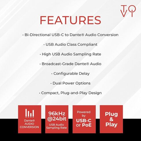 جهاز إرسال واستقبال الصوت ToVi Dante USB-C - 2CH USB-C إلى المحول، 96 كيلو هرتز/24 بت، PoE (DXA-USBC-ED) in Kuwait