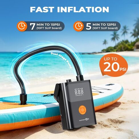 Electric Paddle Board Pump with Car Jump Starter, Cordless Rechargeable 50PSI Sup Pump, Intelligent Dual Stage Inflation & Deflation, Auto-Off for Stand Up Paddle Boards, Kayaks, Tent,Boat,Car,Bicycle in Kuwait