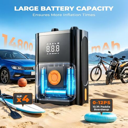 Electric Paddle Board Pump with Car Jump Starter, Cordless Rechargeable 50PSI Sup Pump, Intelligent Dual Stage Inflation & Deflation, Auto-Off for Stand Up Paddle Boards, Kayaks, Tent,Boat,Car,Bicycle in Kuwait