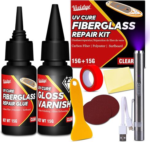 Fiberglass Repair Kit, Clear Surfboard Repair Kit with UV Light, Fast Repair Crack, Hole, Chip in Surfboard, Paddle Board, Boat, Waterproof＆Heat-resistant Fiberglass Resin Filler for Tile, Acrylic etc in Kuwait