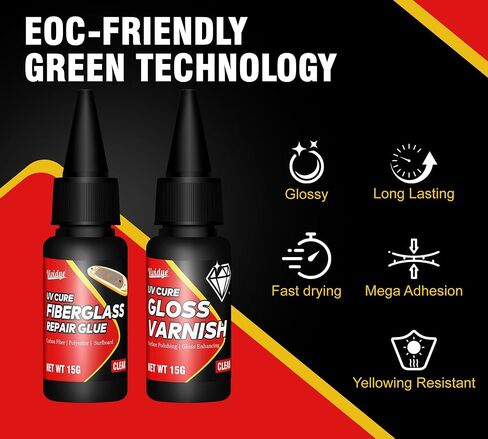 Fiberglass Repair Kit, Clear Surfboard Repair Kit with UV Light, Fast Repair Crack, Hole, Chip in Surfboard, Paddle Board, Boat, Waterproof＆Heat-resistant Fiberglass Resin Filler for Tile, Acrylic etc in Kuwait