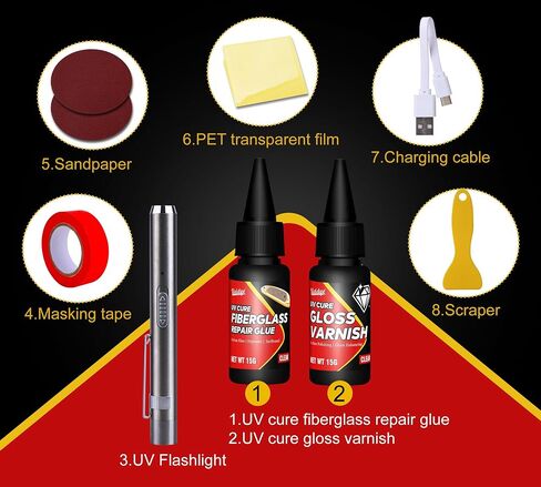Fiberglass Repair Kit, Clear Surfboard Repair Kit with UV Light, Fast Repair Crack, Hole, Chip in Surfboard, Paddle Board, Boat, Waterproof＆Heat-resistant Fiberglass Resin Filler for Tile, Acrylic etc in Kuwait