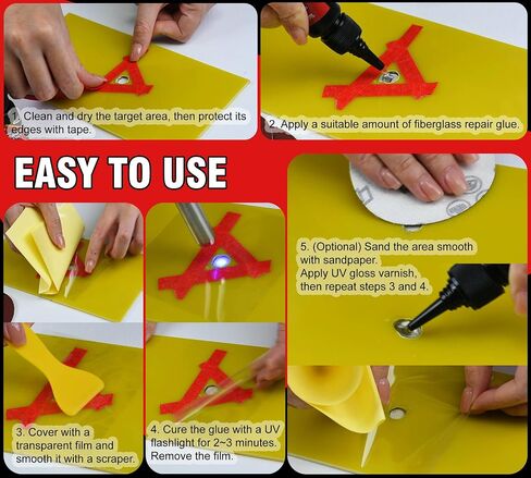Fiberglass Repair Kit, Clear Surfboard Repair Kit with UV Light, Fast Repair Crack, Hole, Chip in Surfboard, Paddle Board, Boat, Waterproof＆Heat-resistant Fiberglass Resin Filler for Tile, Acrylic etc in Kuwait