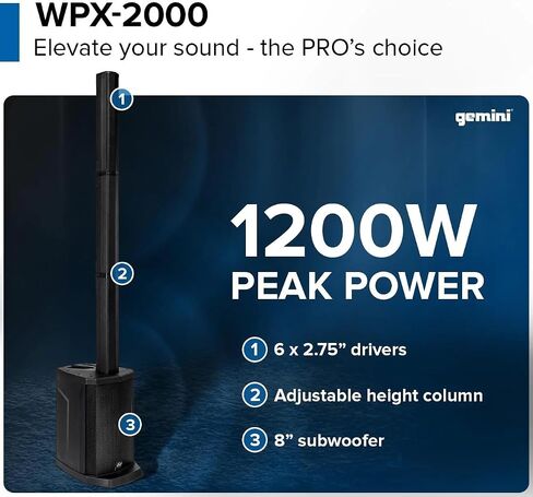 مكبر صوت Gemini Sound WPX-2000 Active Column Line Array بقدرة 1200 وات PA مع كابل Kellards XLR-P20T Pro 20 XLR ذكر إلى أنثى 3 دبابيس أسود، ميكروفون Polsen M-85 احترافي محمول باللون الرمادي الداكن in Kuwait
