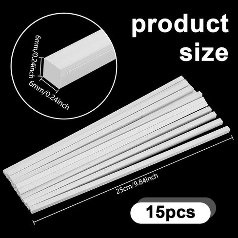 AHANDMAKER 15 Pcs ABS Plastic Square Rod Solid Bar 1/4" x 10" White Smooth Plastic Tube Rods for Handwork Model Making DIY Projects Architecture Building Crafts, White in Kuwait