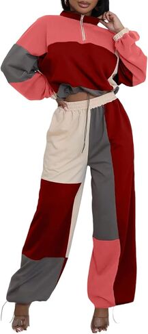 Tbahhir Sweatsuits Women 2 Piece Outfit Casual Color Block Pants Sets Thin | track suits for women set,jogger sets,pant sets,matching sets,jogging suits, casual sets for women, high waisted pants set in Saudi Arabia