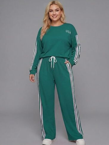 Women's 2-Piece Lounge Sets - Crew Neck Shirts Striped Wide Leg Pants with Pockets Casual Tracksuits for Daily Wear in Saudi Arabia