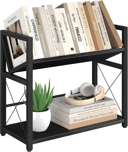 ELITEROO Desktop Bookshelf, 2 Tier Desk Shelf Organizer, Wooden Tabletop Bookcase, Small Desk Top Book Rack for Office, Home, Bedroom, Small Space Storage and Display, Rustic Brown in Saudi Arabia