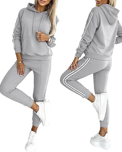 CHICME Women's 2 Piece Outfits Sweatsuits Striped Long Sleeve Tracksuit Hoodie Sweatshirt Jogger Sweatpants with Pocktes in Saudi Arabia