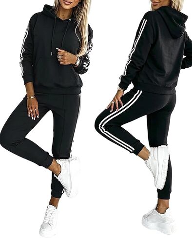 CHICME Women's 2 Piece Outfits Sweatsuits Striped Long Sleeve Tracksuit Hoodie Sweatshirt Jogger Sweatpants with Pocktes in Kuwait