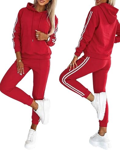 CHICME Women's 2 Piece Outfits Sweatsuits Striped Long Sleeve Tracksuit Hoodie Sweatshirt Jogger Sweatpants with Pocktes in Kuwait