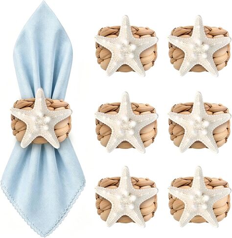 JQAQJU Coastal Napkin Rings Set of 6, Woven Water Hyacinth Napkin Rings with Oyster Shells, Rattan Napkins Holder for Summer Wedding, Dinner, Beach Theme Party, Birthday, Christmas, Thanksgiving in Saudi Arabia