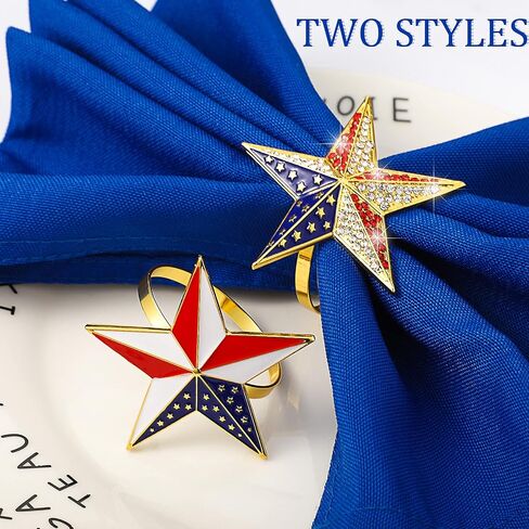 6 Pieces Star Metal Napkin Ring Holder Buckle Independence Day Patriotic 4th of July National Flag Rhinestones Napkin Rings Holders for Dinner Table Decoration in Saudi Arabia