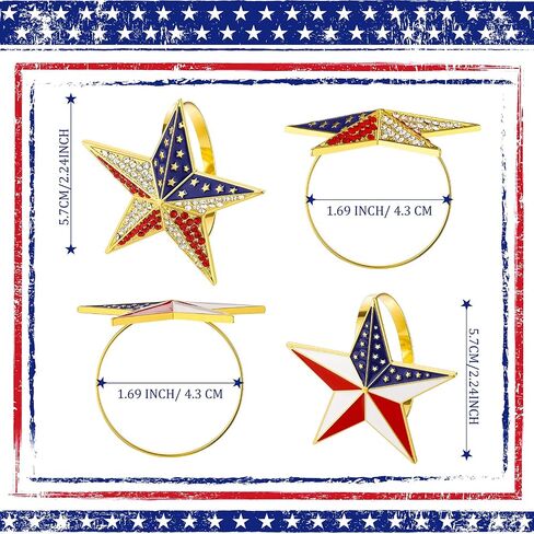 6 Pieces Star Metal Napkin Ring Holder Buckle Independence Day Patriotic 4th of July National Flag Rhinestones Napkin Rings Holders for Dinner Table Decoration in Saudi Arabia