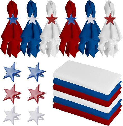 Independence Day Star Napkin Rings with Polyester Cloth Napkins Set of 12, 6 pcs Red Blue White Cloth Napkins, 6 pcs Metal Napkin Holders for 4th of July, Patriotic, Memorial Party Dinner Table Decor in Saudi Arabia