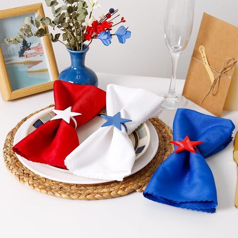 Independence Day Star Napkin Rings with Polyester Cloth Napkins Set of 12, 6 pcs Red Blue White Cloth Napkins, 6 pcs Metal Napkin Holders for 4th of July, Patriotic, Memorial Party Dinner Table Decor in Saudi Arabia