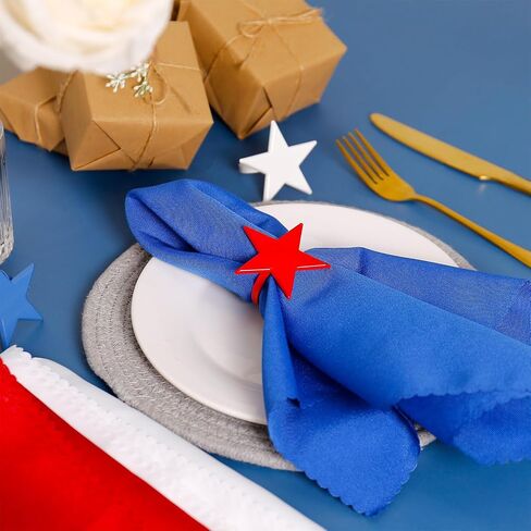 Independence Day Star Napkin Rings with Polyester Cloth Napkins Set of 12, 6 pcs Red Blue White Cloth Napkins, 6 pcs Metal Napkin Holders for 4th of July, Patriotic, Memorial Party Dinner Table Decor in Saudi Arabia