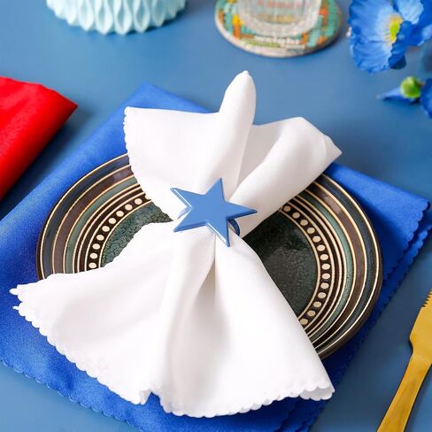 Independence Day Star Napkin Rings with Polyester Cloth Napkins Set of 12, 6 pcs Red Blue White Cloth Napkins, 6 pcs Metal Napkin Holders for 4th of July, Patriotic, Memorial Party Dinner Table Decor in Saudi Arabia