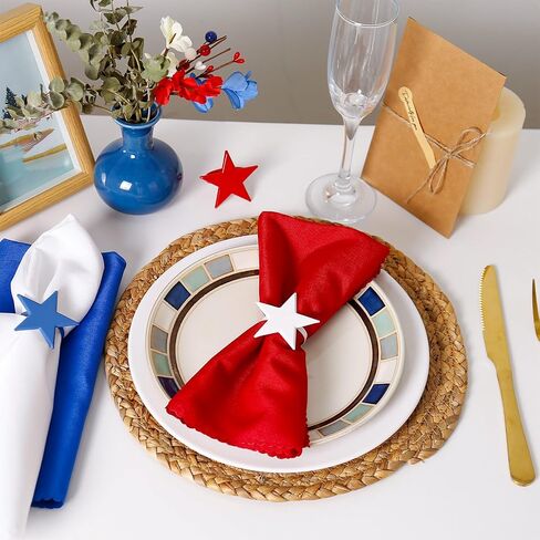 Independence Day Star Napkin Rings with Polyester Cloth Napkins Set of 12, 6 pcs Red Blue White Cloth Napkins, 6 pcs Metal Napkin Holders for 4th of July, Patriotic, Memorial Party Dinner Table Decor in Saudi Arabia