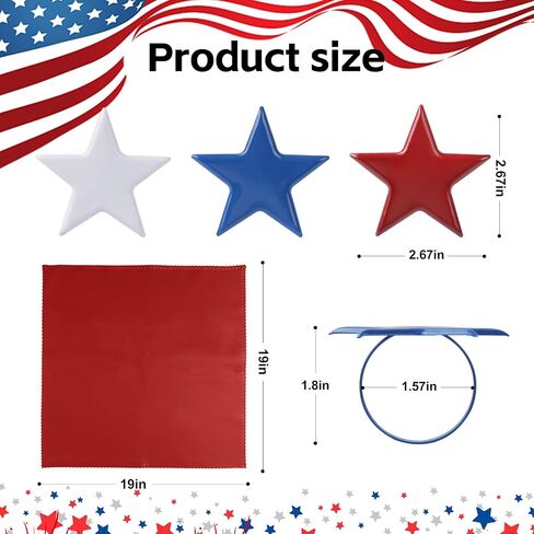 Independence Day Star Napkin Rings with Polyester Cloth Napkins Set of 12, 6 pcs Red Blue White Cloth Napkins, 6 pcs Metal Napkin Holders for 4th of July, Patriotic, Memorial Party Dinner Table Decor in Saudi Arabia