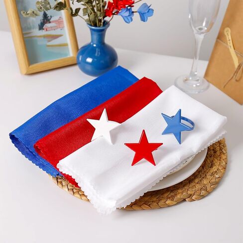 Independence Day Star Napkin Rings with Polyester Cloth Napkins Set of 12, 6 pcs Red Blue White Cloth Napkins, 6 pcs Metal Napkin Holders for 4th of July, Patriotic, Memorial Party Dinner Table Decor in Saudi Arabia