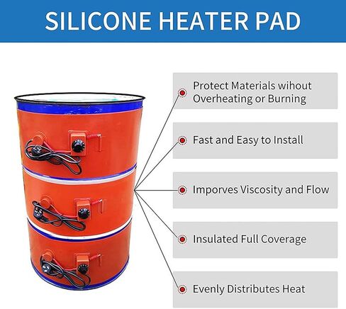 Industrial Metal Oil Drum Heater with Adjustable Thermostat, 800W Silicone Heat Pad for 20L Barrels, 220V/110V, Temperature Range 30℃-130℃, Ideal for Factory Use in Kuwait