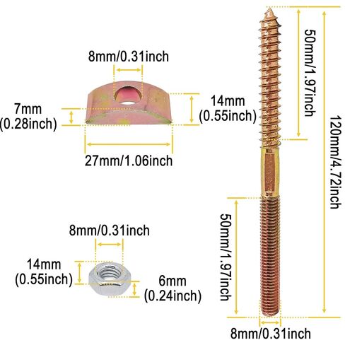 4 مجموعات من مجموعات تركيب درابزين الدرج، تتضمن 4 قطع براغي تعليق M8x120 مم، 4 قطع صواميل سداسية M8، 4 قطع غسالات نصف قمر M8 للتوصيل والتركيب الخشبي in Kuwait