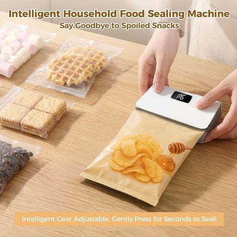 Mini Bag Sealer, 6-Speed Adjustable Chip Bag Sealer with LED Display, Rechargeable Portable Heat Vacuum Sealer with Magnetic Base for Plastic & Aluminum Foil Bags, Kitchen Food Storage (White) in Kuwait