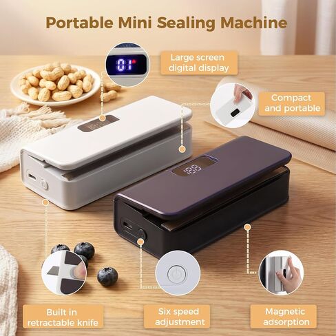 Mini Bag Sealer, 6-Speed Adjustable Chip Bag Sealer with LED Display, Rechargeable Portable Heat Vacuum Sealer with Magnetic Base for Plastic & Aluminum Foil Bags, Kitchen Food Storage (White) in Kuwait