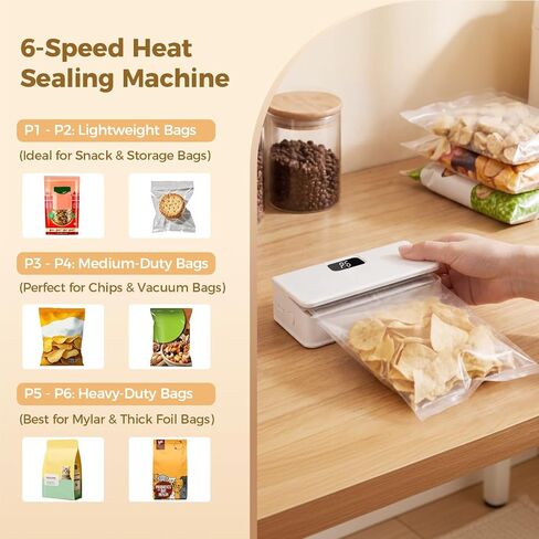 Mini Bag Sealer, 6-Speed Adjustable Chip Bag Sealer with LED Display, Rechargeable Portable Heat Vacuum Sealer with Magnetic Base for Plastic & Aluminum Foil Bags, Kitchen Food Storage (White) in Kuwait
