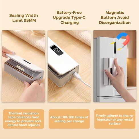 Mini Bag Sealer, 6-Speed Adjustable Chip Bag Sealer with LED Display, Rechargeable Portable Heat Vacuum Sealer with Magnetic Base for Plastic & Aluminum Foil Bags, Kitchen Food Storage (White) in Kuwait