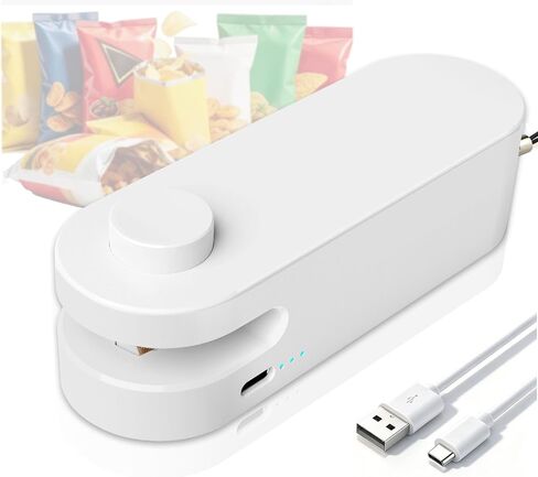 HSLGOVE حقيبة صغيرة مانعة للتسرب، USB-C قابلة لإعادة الشحن حقيبة السدادة، 2 في 1 رقاقة ختم حقيبة الختم الحراري والقاطع مع المغناطيس، حقيبة محمولة السدادة للوجبات الخفيفة حقيبة بلاستيكية تخزين المواد الغذائية - أبيض in Kuwait