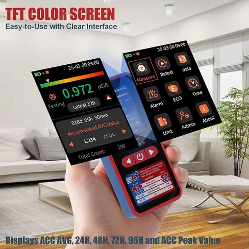 RM-60 Radon Detector with TFT Color Display, Audible & Visual Alarms, Long-Term Radon Monitor, Type-C Rechargeable Radon Detection for Home, Basement, pCi/L or Bq/m³ in Kuwait