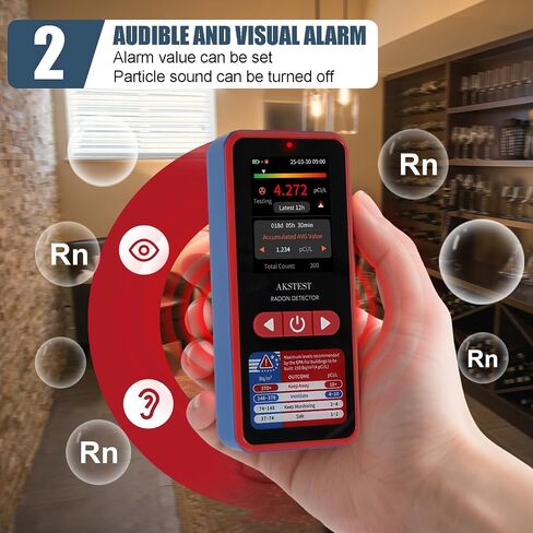 RM-60 Radon Detector with TFT Color Display, Audible & Visual Alarms, Long-Term Radon Monitor, Type-C Rechargeable Radon Detection for Home, Basement, pCi/L or Bq/m³ in Kuwait