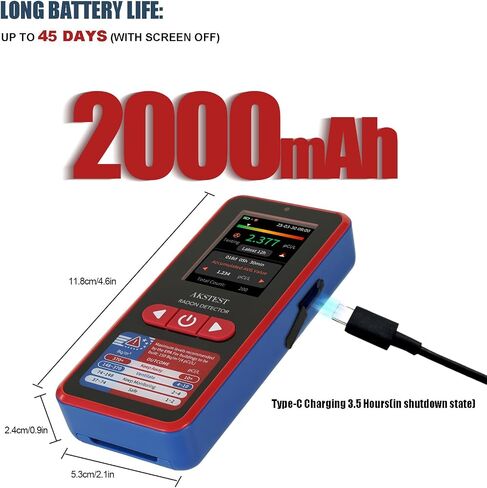 RM-60 Radon Detector with TFT Color Display, Audible & Visual Alarms, Long-Term Radon Monitor, Type-C Rechargeable Radon Detection for Home, Basement, pCi/L or Bq/m³ in Kuwait