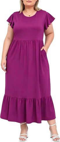 Moon Wood Women’s 2025 Plus Size Disual Dress Dress Crew Neck Shulk Short Summer Maxi Dresses with Mobicets in Kuwait