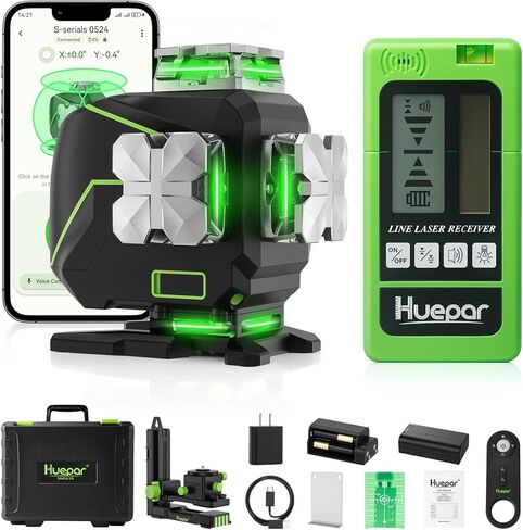 Huepar Laser Level 360 Self Leveling، S04CG Pro 4 x 360° Bluetooth Green Lazer Leveler Tool - وضع النبض، شاشة LCD، دعامة مغناطيسية، مستوى ليزر 4D 16 خط قابل لإعادة الشحن للبناء/البلاط/الأرضية in Kuwait